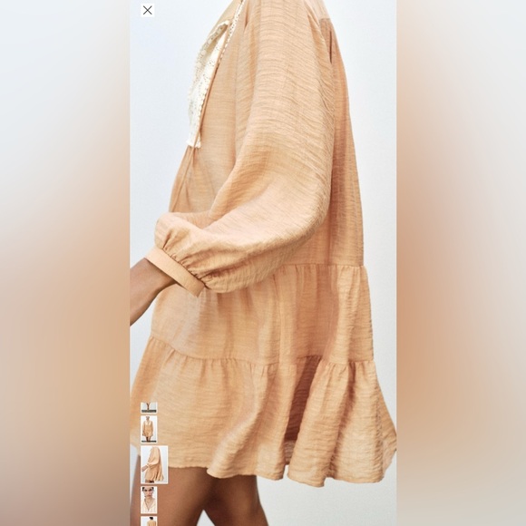 Zara Embroidered Bib Tassel Mini Dress in Tan Peach Size Large - Picture 3 of 16